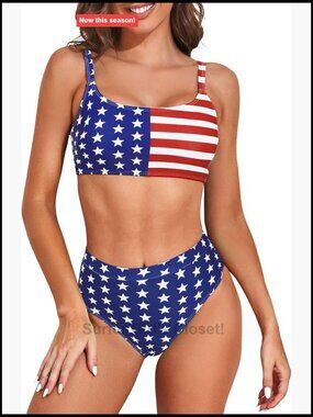 American Flag Bikini Set Adjustable Straps High Waisted Bottom UPF 50+